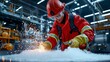 © Wasun - A worker in a red fire suit and safety gear, welds metal in a factory,