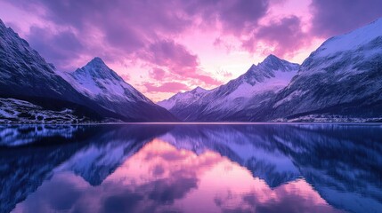 Sticker - Peaceful lake reflecting snow-capped mountains at sunset, with a breathtaking purple sky