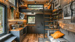 © Stella 16 - A tiny house interior with architectural design and stairs are going to the floor beding. Generative AI