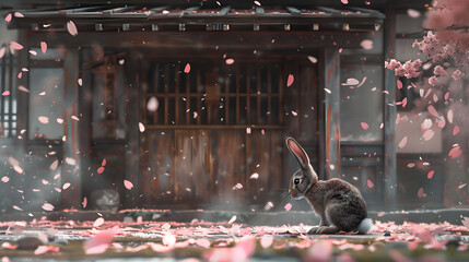 A small rabbit sits on the ground. surrounded by falling pink cherry blossom petals in front of an ancient house with eaves and windows 