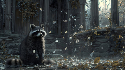 Wall Mural - A small raccoon sits on the ground. surrounded by drifting silver moonflower petals in front of an ancient house with eaves and windows. 