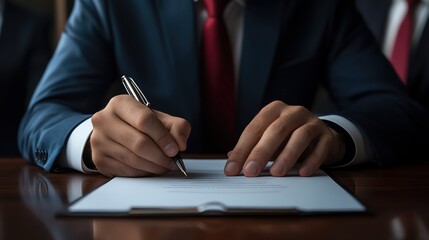 Highresolution photo of a male executive in a tailored suit Signing a contract in a modern office setting