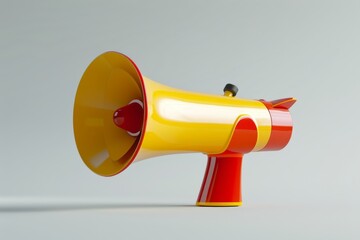 A vibrant yellow and red megaphone with a sleek modern design placed against a minimalist light grey background.