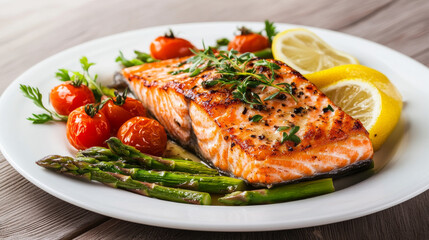 Wall Mural - Grilled salmon with asparagus, tomatoes, and lemon on a white plate.