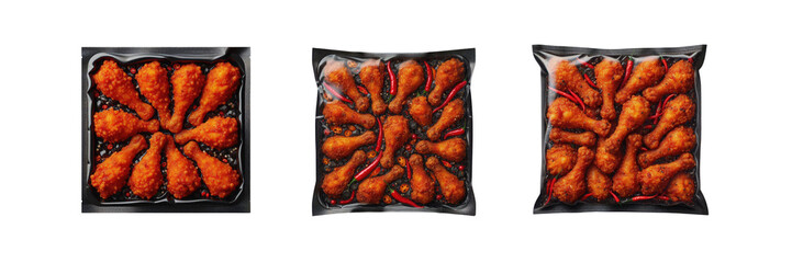 Wall Mural - Set of pack of Spicy hot fried chicken Drumsticks in transparent Packaging, isolated over on transparent white background