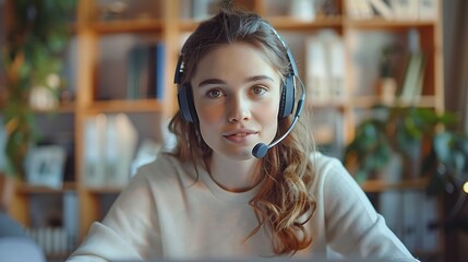 Wall Mural - A home-based customer service representative, wearing a headset and calmly addressing a complaint over the phone, in a comfortable home office setting.