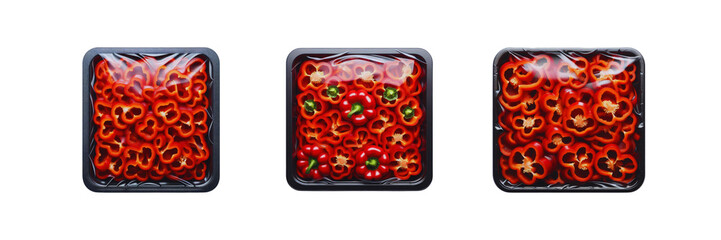 Wall Mural - Set of pack of sliced red bell pepper in transparent Packaging, isolated over on transparent white background