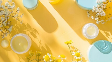 Wall Mural - Natural Skincare Products and Flowers on Yellow Background