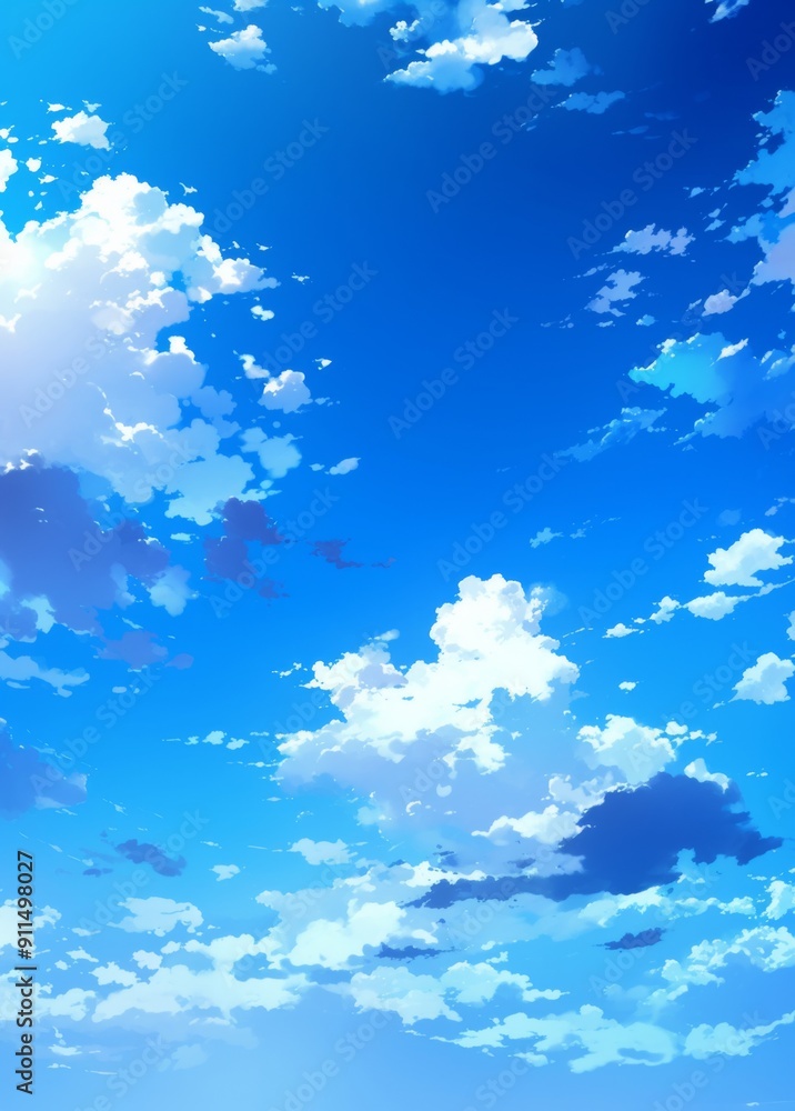 Beautiful Blue Sky with Clouds in Anime Style, Vector Illustration with ...