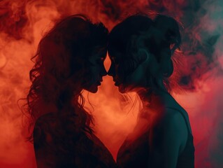 A couple standing together in front of a bright red background, conveying love and passion