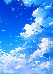 Wall Mural - simple anime style background with blue sky and white clouds, capturing tranquil atmosphere and clea