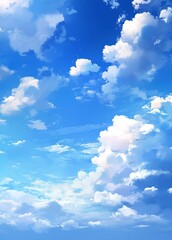 Wall Mural - simple anime style background with blue sky and white clouds, capturing tranquil atmosphere and clea