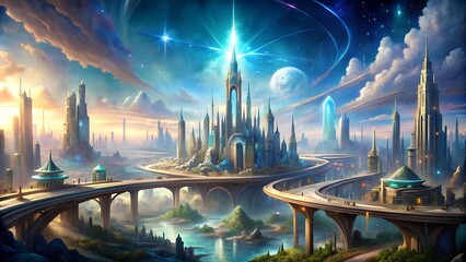 Wall Mural - Aetherium City: Where Science Meets the Mystical  generative AI