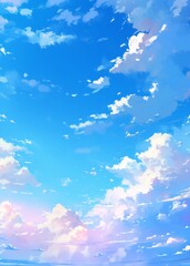 Wall Mural - simple anime style background with blue sky and white clouds, capturing tranquil atmosphere and clea