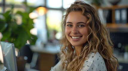 Canvas Print - A smiling customer service representative, typing in a live chat session, in a well-lit, modern office space. The background features stylish decor and large windows, adding to a professional look.