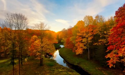 Canvas Print - Aerial View of Autumn Forest with River