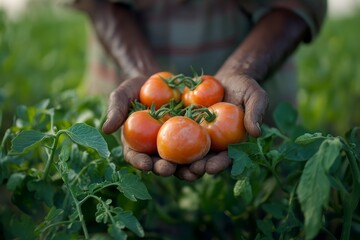 Wall Mural - farm, organic vegetables, Tomatoes in hand, give a photorealistic touch, real photography, benefits of organic farming early morning, mid-ground shot, automate color correction