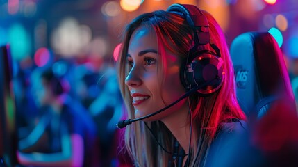 Canvas Print - Customer service agents, wearing headsets, assisting attendees at a live concert, with a vibrant stage and excited crowd in the background.