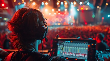 Wall Mural - Customer service agents, wearing headsets, assisting attendees at a live concert, with a vibrant stage and excited crowd in the background.