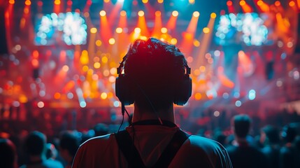 Wall Mural - Customer service agents, wearing headsets, helping guests during a live concert, with a vibrant stage and dynamic lighting in the background. The scene captures the excitement of the event,