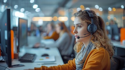 Wall Mural - A busy call center with multiple representatives attending to customers, each wearing headsets, in a modern office space. The background shows rows of desks and computers,