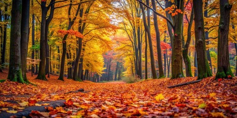 Wall Mural - Deep in the woods during autumn, colorful leaves cover the forest floor creating a vibrant and peaceful setting for a photo shoot