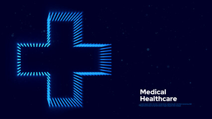 Aufkleber - 3D Blue Digital Wireframe Grid Plus Sign Background. Lines and Dots Aid and Health Care for Hospital Emergency Banner. Medical Symbol of Emergency Help. 3D Math Plus Vector Illustration.