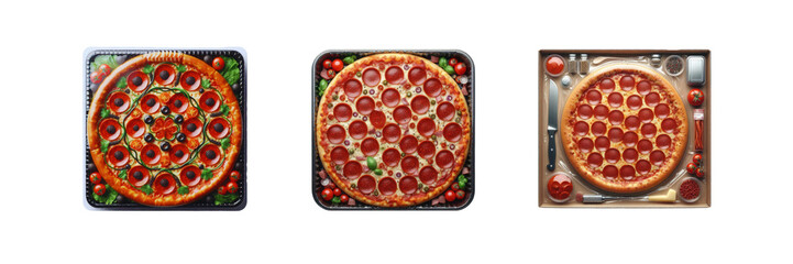 Poster -  Set of pack of Pepperoni Pizza in transparent Packaging, isolated over on transparent white background