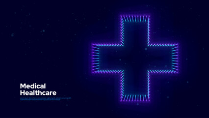 Aufkleber - 3D Blue Digital Wireframe Grid Plus Sign Background. Lines and Dots Aid and Health Care for Hospital Emergency Banner. Medical Symbol of Emergency Help. 3D Math Plus Vector Illustration.