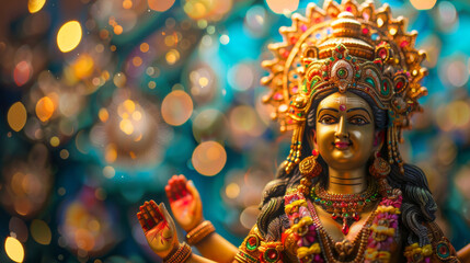 Golden deity statue adorned with jewels shines in Navaratri celebration lights in India