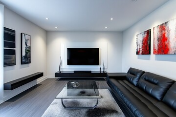 Wall Mural - A living room with a black couch, a glass coffee table, and a flat screen TV. Interior designs