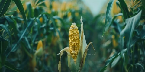 Wall Mural - Selective focus image of a corn cob in an organic corn field Ripe yellow maize on the cob close up view