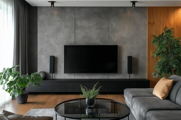 Wall Mural - A living room with a black television and a potted plant. Interior designs