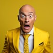 © MUdaylah - image of a bald man with a panicked expression wearing a yellow coat and a single color background with generative ai