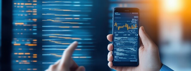 Strategy, Algorithm developer developing algorithm strategies, analyzing data on a smartphone, focused and determined
