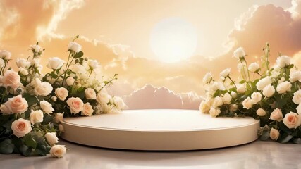 Wall Mural - a circular white platform, surrounded by blooming white roses