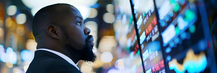 Wall Mural - African American businessman analyzing stock market charts and data on digital screen 