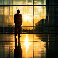 Poster - Businessman Silhouette in Modern Office Building at Sunset