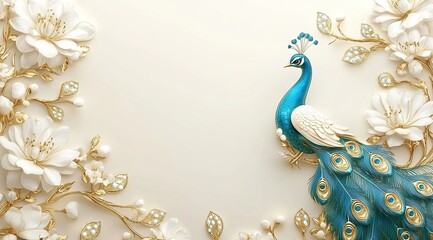 Elegant 3D peacock with white flowers and gold embellishments