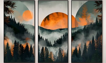 Wall Mural - Sunrise over Misty Forest Triptych.
