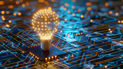 Wall Mural - An illuminated light bulb on top of an electronic circuit board. symbolizing innovative ideas and technology in the field of artificial intelligence 