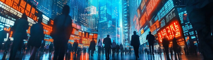 Aufkleber - An energetic visual of a bustling financial hub with people walking among tall skyscrapers displaying stock prices, financial news, and currency exchange rates