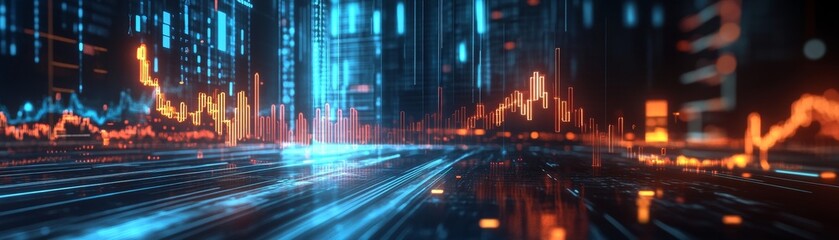 Aufkleber - A futuristic representation of interest rates with neon-lit symbols and graphs floating in a dark space indicating the dynamic nature of financial markets