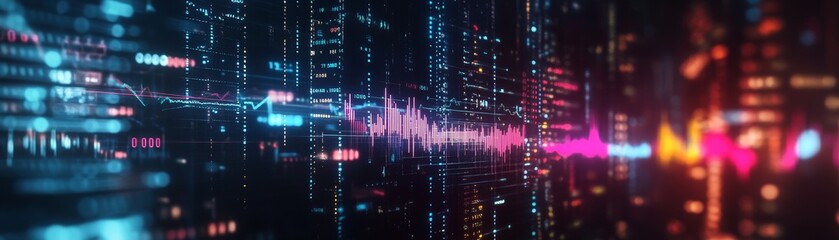 Aufkleber - A futuristic representation of interest rates with neon-lit symbols and graphs floating in a dark space indicating the dynamic nature of financial markets