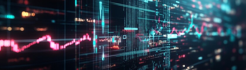Aufkleber - A futuristic representation of interest rates with neon-lit symbols and graphs floating in a dark space indicating the dynamic nature of financial markets