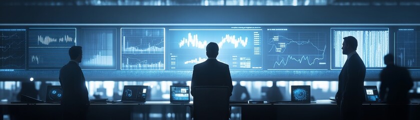Aufkleber - A dynamic scene of finance professionals in a modern office surrounded by holographic screens displaying financial data charts and graphs while discussing the future of investment opportunities