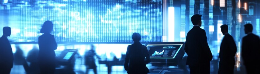 Aufkleber - A dynamic scene of finance professionals in a modern office surrounded by holographic screens displaying financial data charts and graphs while discussing the future of investment opportunities