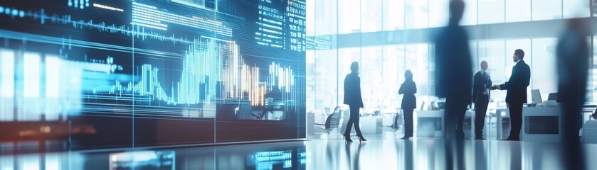 Aufkleber - A dynamic scene of finance professionals in a modern office surrounded by holographic screens displaying financial data charts and graphs while discussing the future of investment opportunities