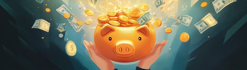 Wall Mural - A visually rich illustration of a person holding a golden piggy bank filled with coins and dollar bills with various symbols of wealth and financial growth floating around them