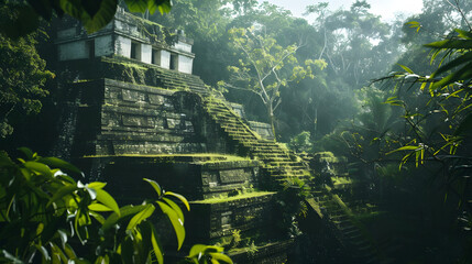 Wall Mural - Ancient Mayan ruins surrounded by lush jungle vegetation 